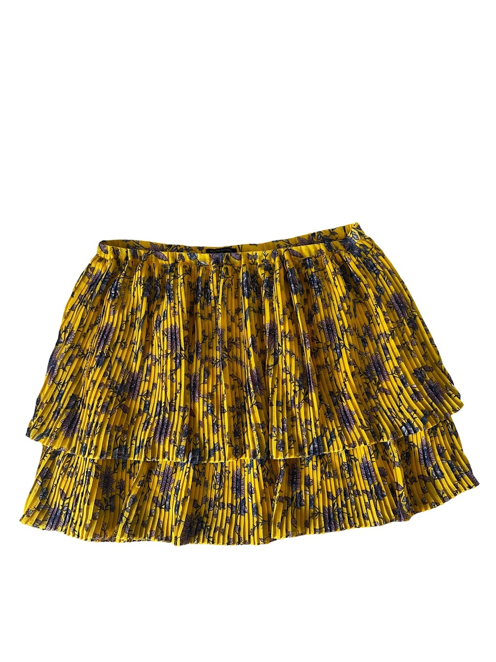 Banana Republic Yellow Floral Pleated Tiered Mini Skirt with Purple Accents